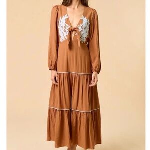Chic Tan Maxi Dress with White Floral Accents